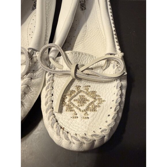 Minnetonka Deerskin Leather Gold Beaded Moccasins White Size 7.5/8 Rare Colorway - Picture 3 of 10